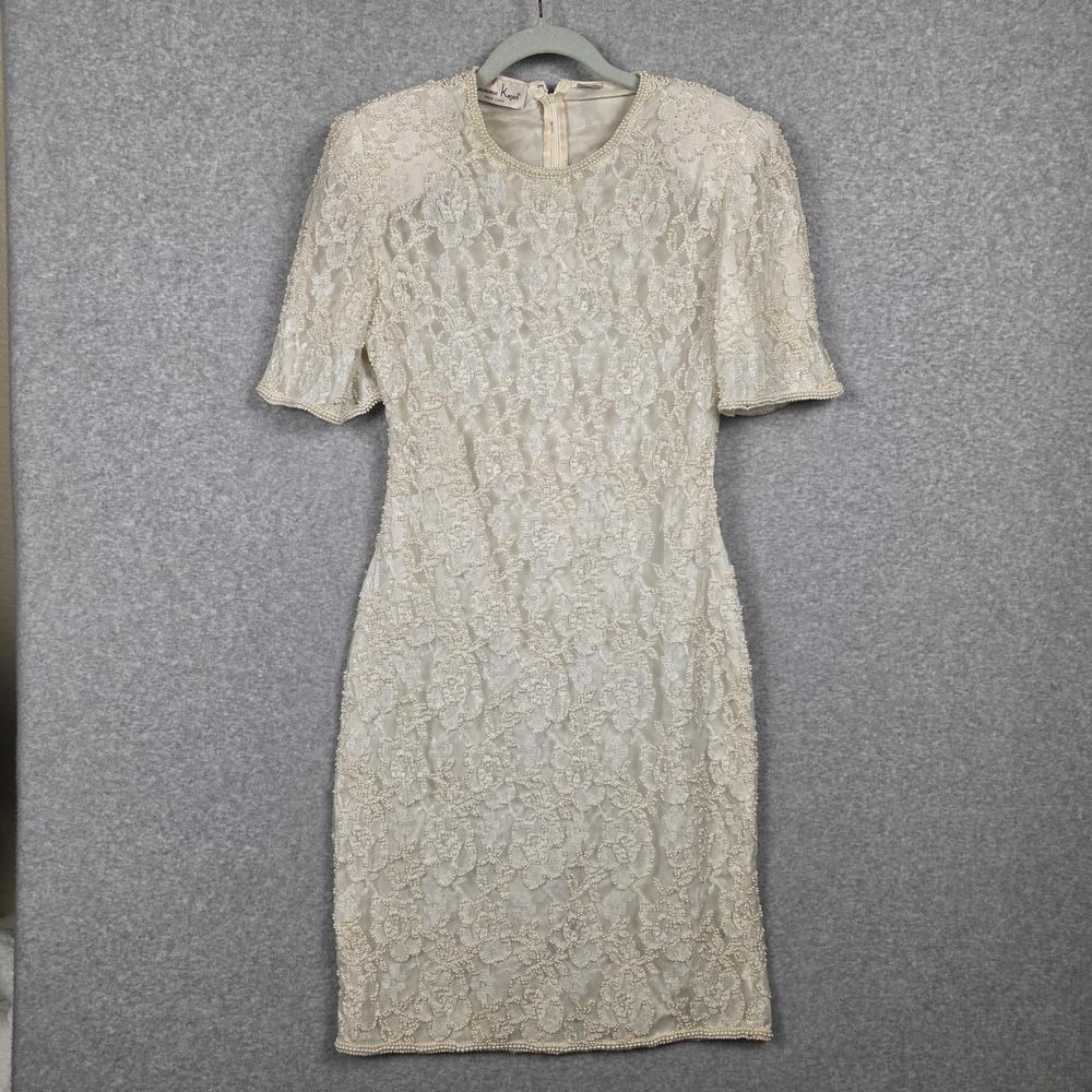 Vintage Laurence Kazar Dress Womens Medium White Beaded‎ Lace Sheath Wedding 90s